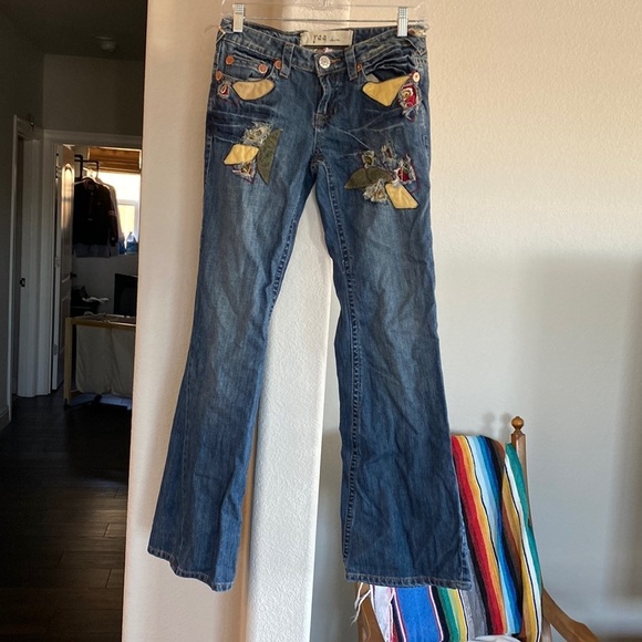 Yag Denim flare Lowrise suede leather accents bohemian Gypsy hippie cottagecore - Picture 1 of 11